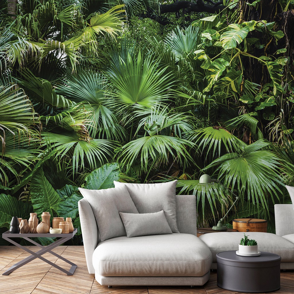 Флизелиновые 3д фотообои на стену 416x254 см Природа Темно-Зеленые Листья Джунгли (14082VEXXXL) +клей