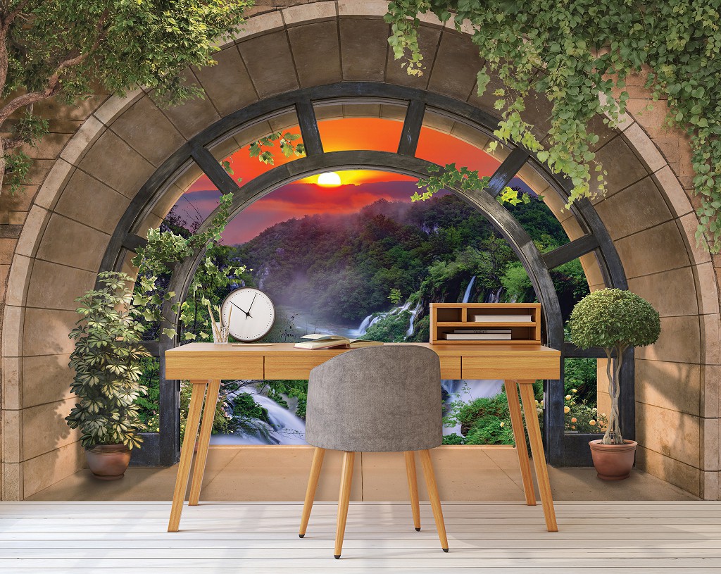 Флізелінові фотошпалери природа краєвид 520x318 см 3D Гарний водоспад за терасою з аркою (14083VEXXXXXL) +клей