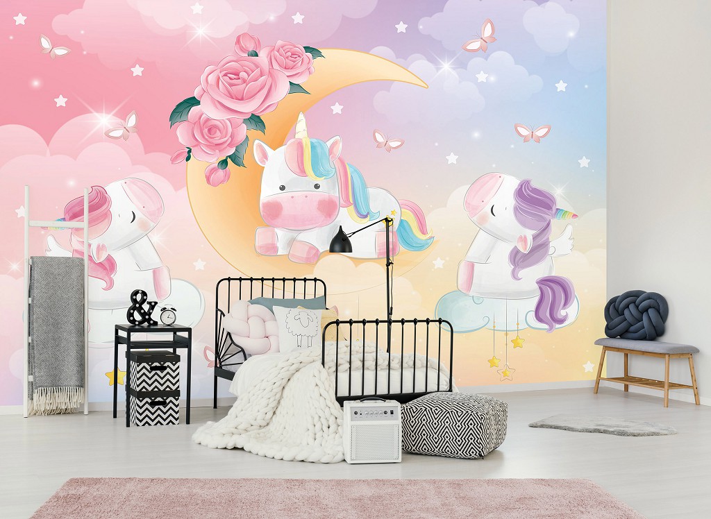 Флізелінові дитячі фотошпалери у кімнату 368x254 см Діти Дівчата Пастель Єдинороги та троянди (14094V8) +клей
