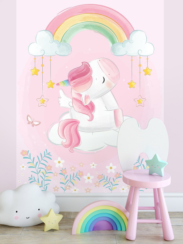 Флизелиновые фотообои 206x275 см Дети Девочки Единорог Радуга Розовый (14096VEA)+клей