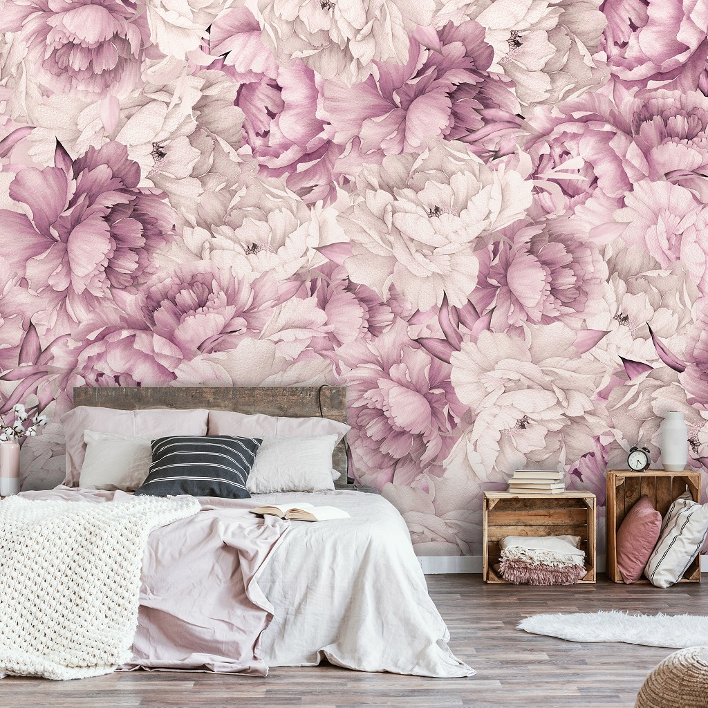 Вінтажні флізелінові фотошпалери 312x219 см Природа Квіти Темно-рожеві Півонії (14101VEXXL) +клей