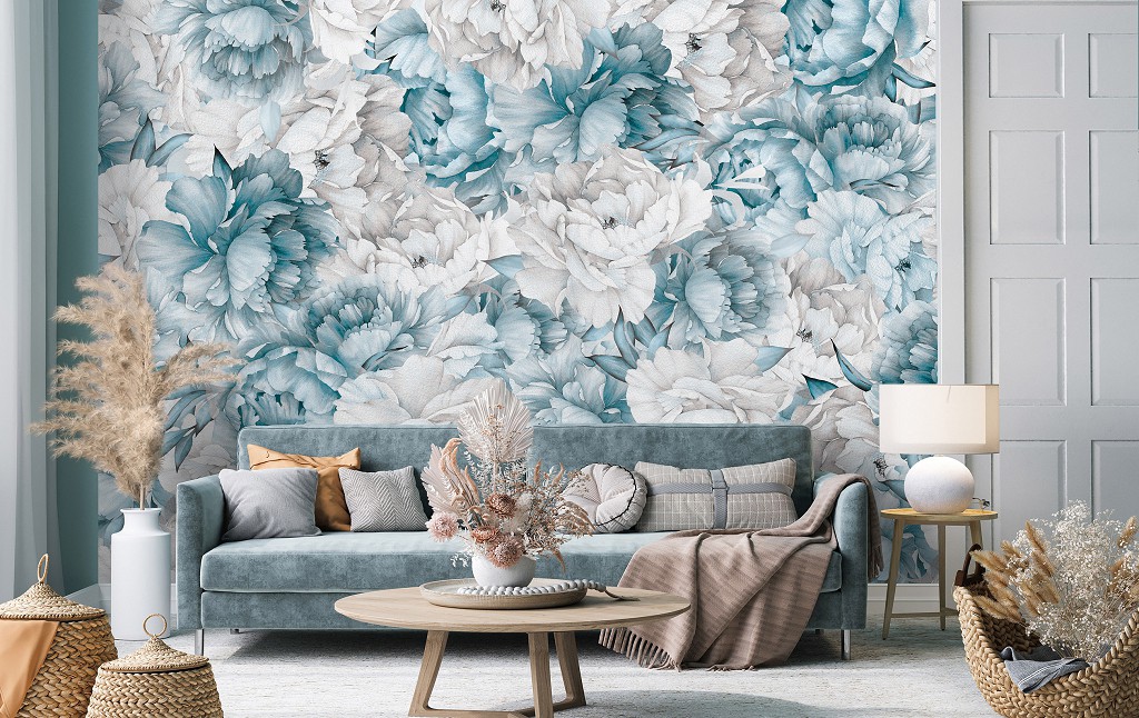 Флізелінові фотошпалери на стіну 254x184 см Квіти Пастельно-блакитні півонії (14102V4)+клей