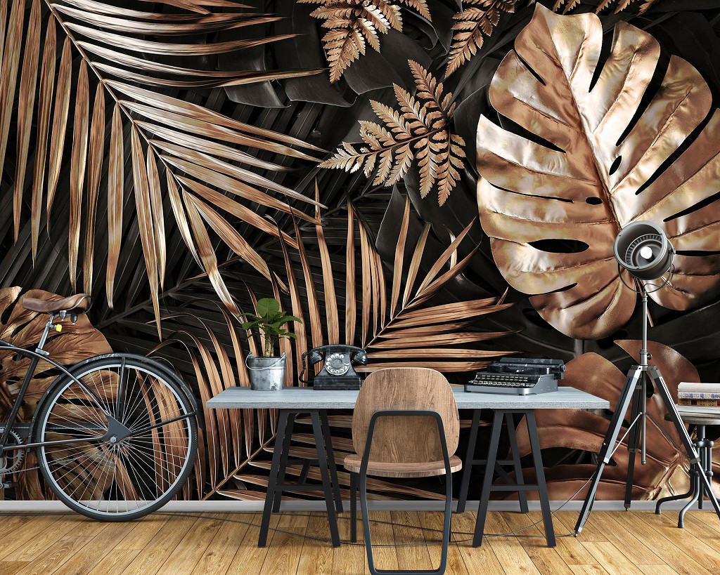 Флізелінові фотошпалери на стіну 520x318 см 3D Квіти - Великі Золоті та Чорні Листя (14107VEXXXXXL) +клей