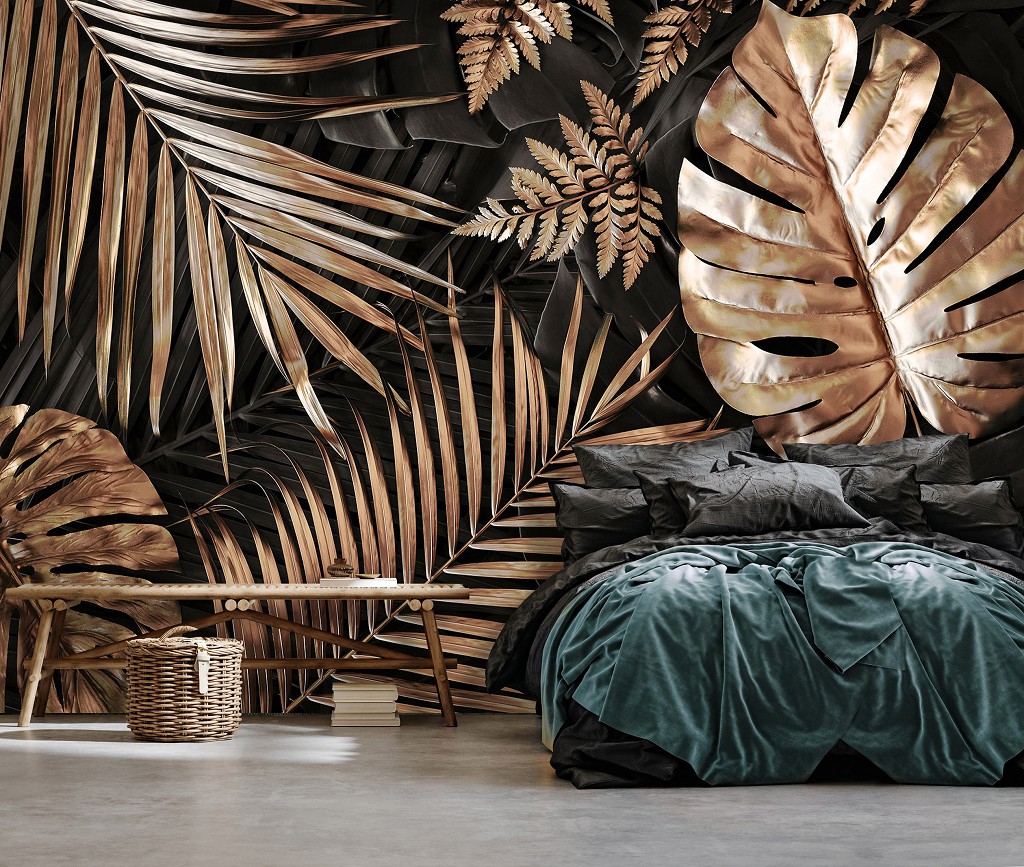 Флизелиновые фотообои 416x254 см 3D Цветы - Большие Золотые и Черные Листья (14107VEXXXL) +клей