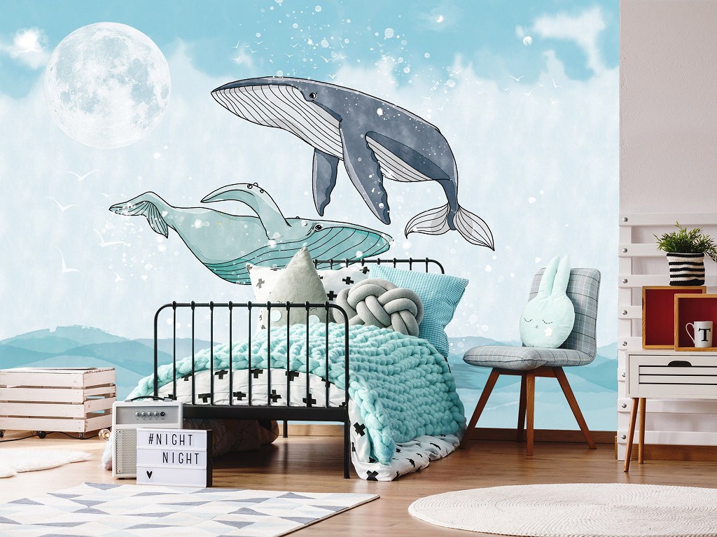 Флизелиновые фотообои для мальчиков и девочек 416x290 см Дети Животные Счастливые Киты Океан (14120VEXXXXL) +клей