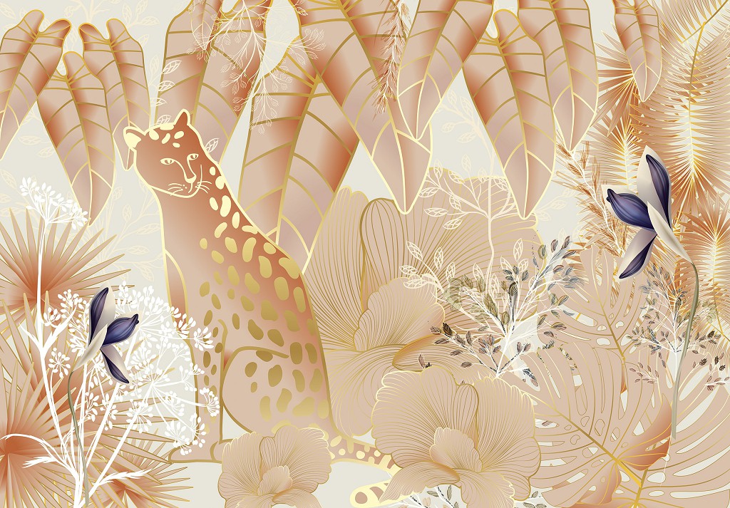 Флизелиновые фотообои в стиле модерн животные 416x254 см Природа Листья Гламур Розовый Гепард (14125VEXXXL) +клей