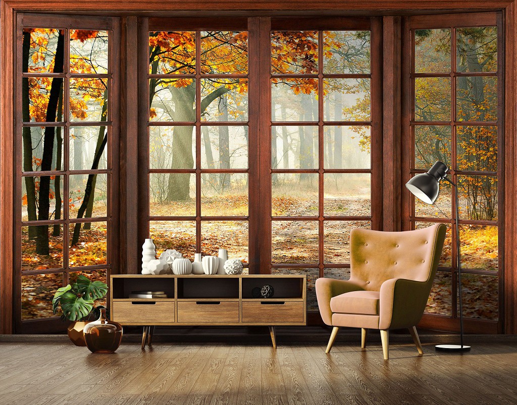 Флізелінові фотошпалери природа 416x290 см 3D краєвид Осінній ліс за великим вікном (14129VEXXXXL) +клей