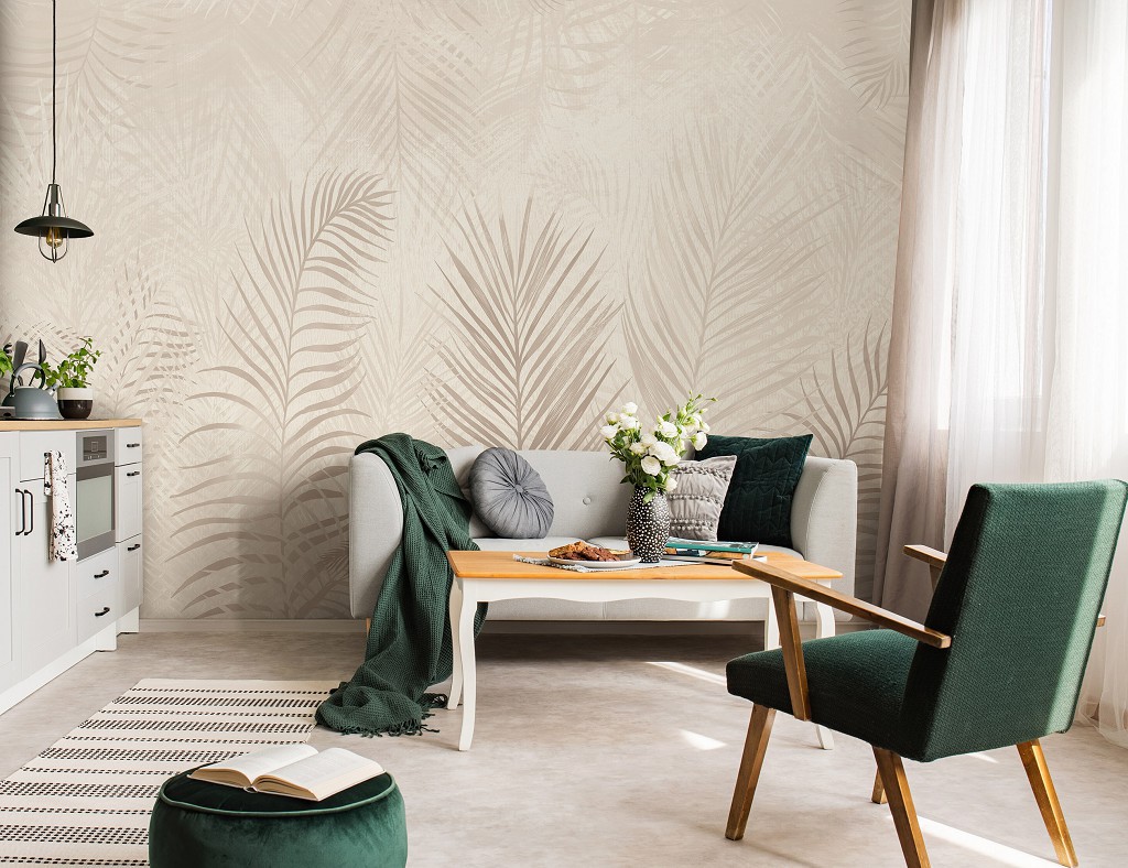 Флизелиновые фотообои в интерьере 520x318 см Большие пальмовые листья на светло-желтом фоне (14132VEXXXXXL) +клей