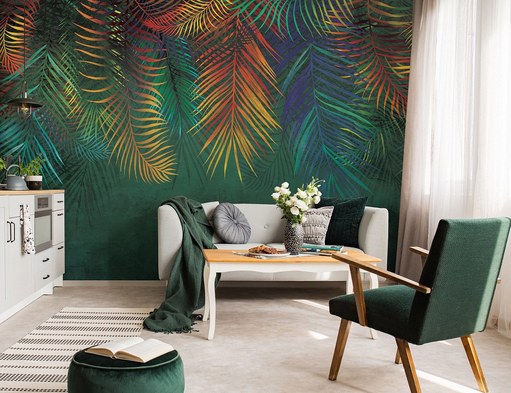 Флизелиновые фотообои в зал 416x290 см Большие пальмовые листья на темно-зеленом фоне (14133VEXXXXL) +клей