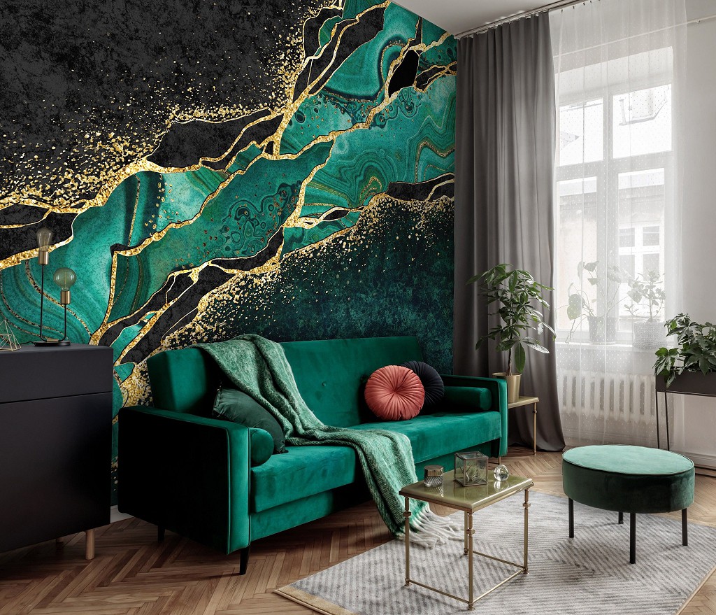 Абстракція флізелінові фотошпалери 416x290 см Структура Темно-зелений мармур із золотом (14134VEXXXXL) +клей