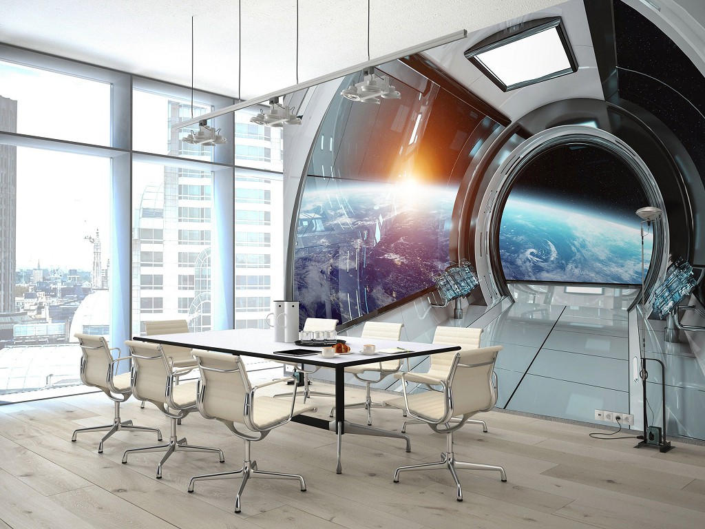 Флизелиновые фотообои 3д космос 368x254 см Галактика Станция Земля Вселенная (14136V8) +клей