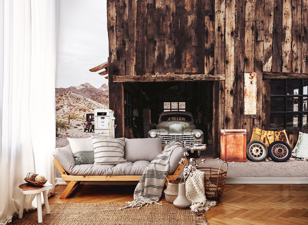 Флізелінові фотошпалери 368x254 см 3D Стара машина в гараж Стиль ретро (14140V8) +клей