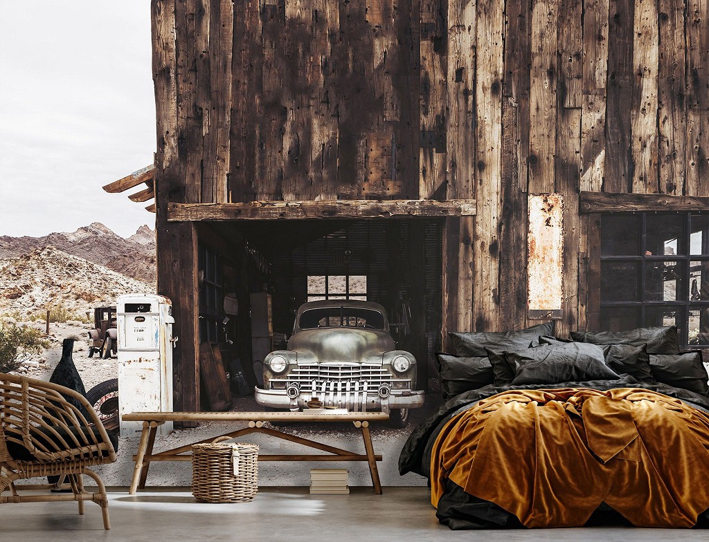 Флізелінові фотошпалери 416x254 см 3D Стара машина в гараж Стиль ретро (14140VEXXXL) +клей