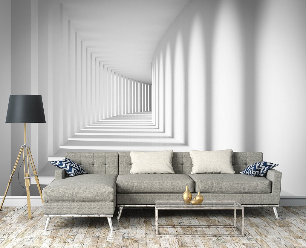 Флизелиновые 3д фотообои в интерьере 416x254 см Белый туннель - Пространственный коридор (14143VEXXXL) +клей