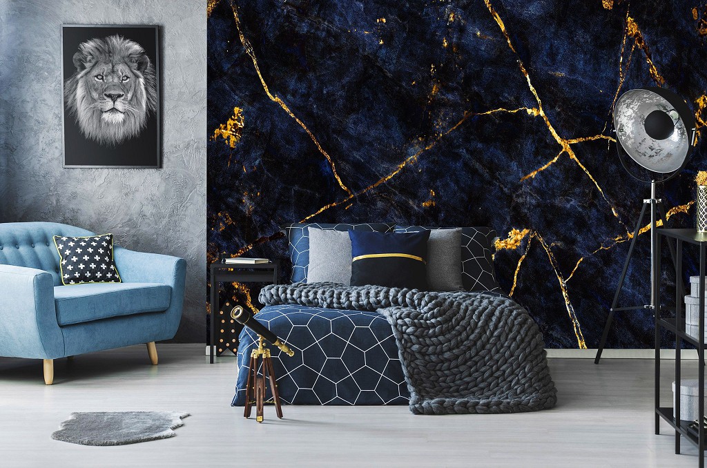 Флизелиновые фотообои фото 416x290 см Темно-синий мрамор с золотом (14144VEXXXXL) +клей