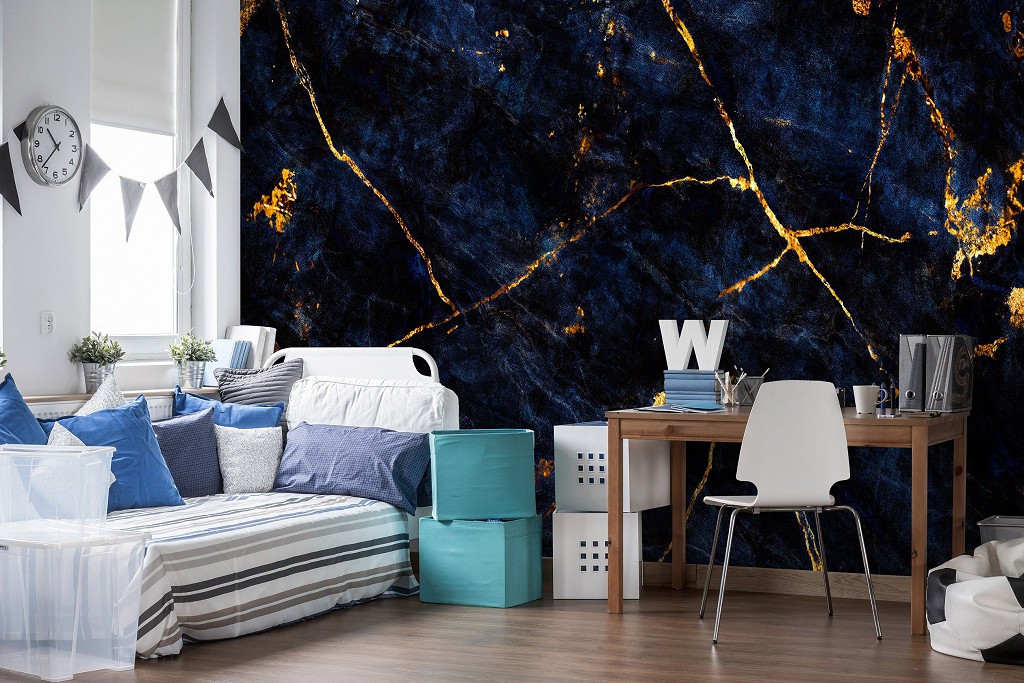 Флизелиновые фотообои 368x254 см Темно-синий мрамор с золотом (14144V8) +клей
