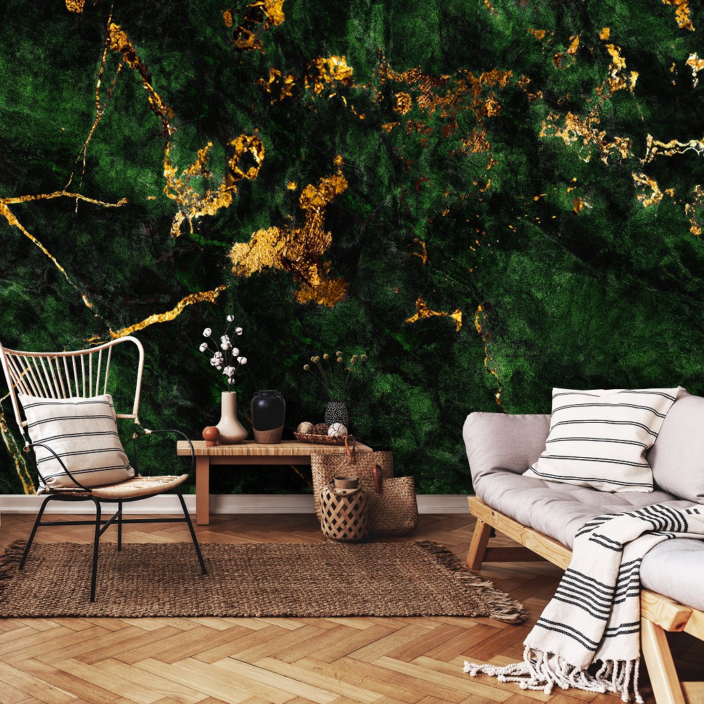 Флізелінові фотошпалери під камінь в інтер'єрі темно-зелений мармур з золотом (14145V)+клей