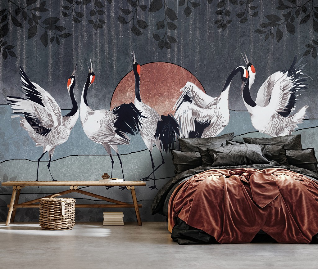 Флізелінові фотошпалери 416x290 см Арт Птаха Журавлі танцюють під місяцем (14154VEXXXXL) +клей