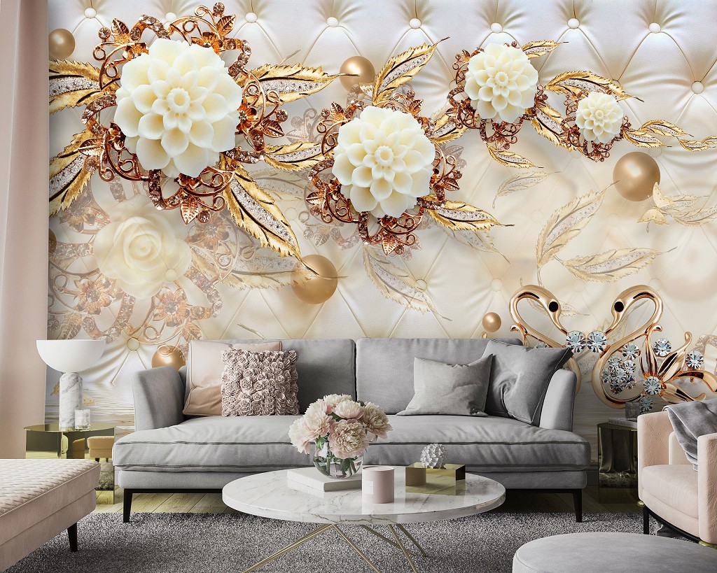 3 д флізелінові фотошпалери 416x290 см абстрактні квіти та прикраси на стьобаному візерунку (14159VEXXXXL) +клей