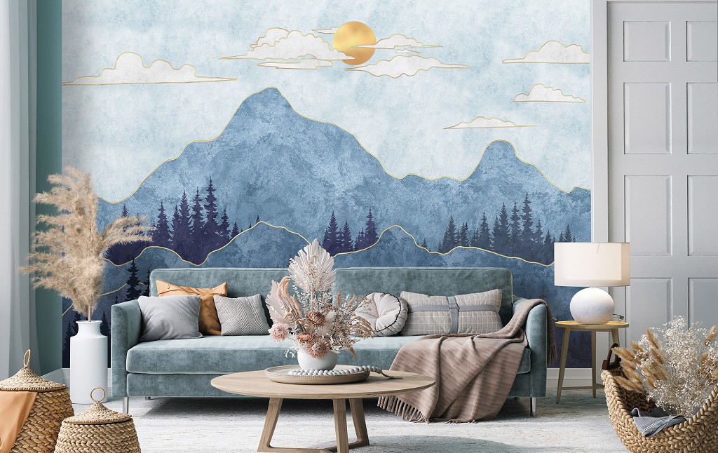 Абстрактные флизелиновые фотообои 368x254 см Арт Горы Пейзаж Голубой Бохо (14165V8) +клей