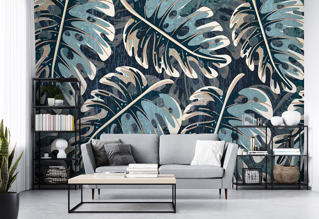 Флизелиновые фотообои растения 416x290 см Природа Листья Монстера Голубая Ботаническая (14167VEXXXXL) +клей