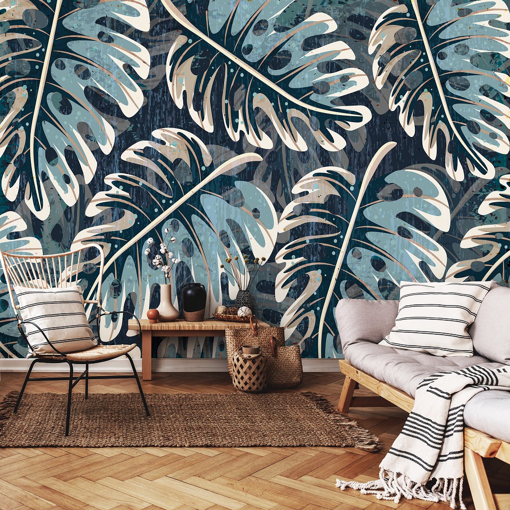 Флизелиновые фотообои в стиле модерн 254x184 см Природа Листья монстеры синие ботанические (14167V4)+клей