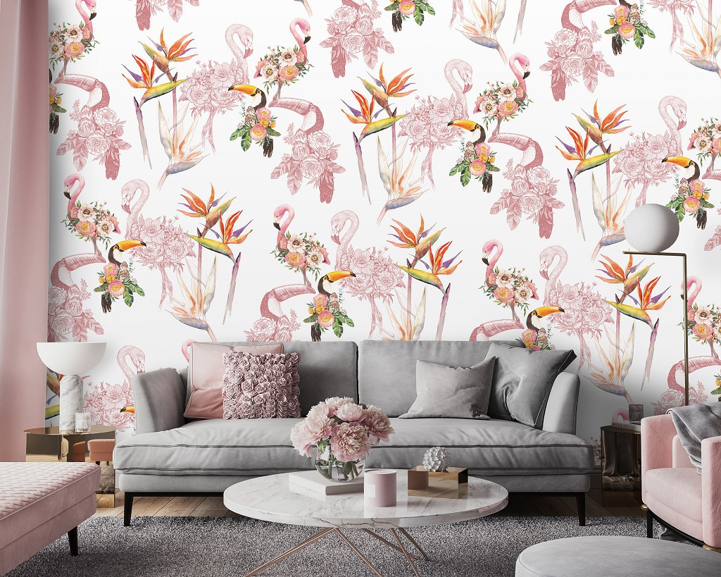 Цветы флизелиновые фотообои 254x184 см Природа Растения Птицы Фламинго и Туканы (14170V4)+клей