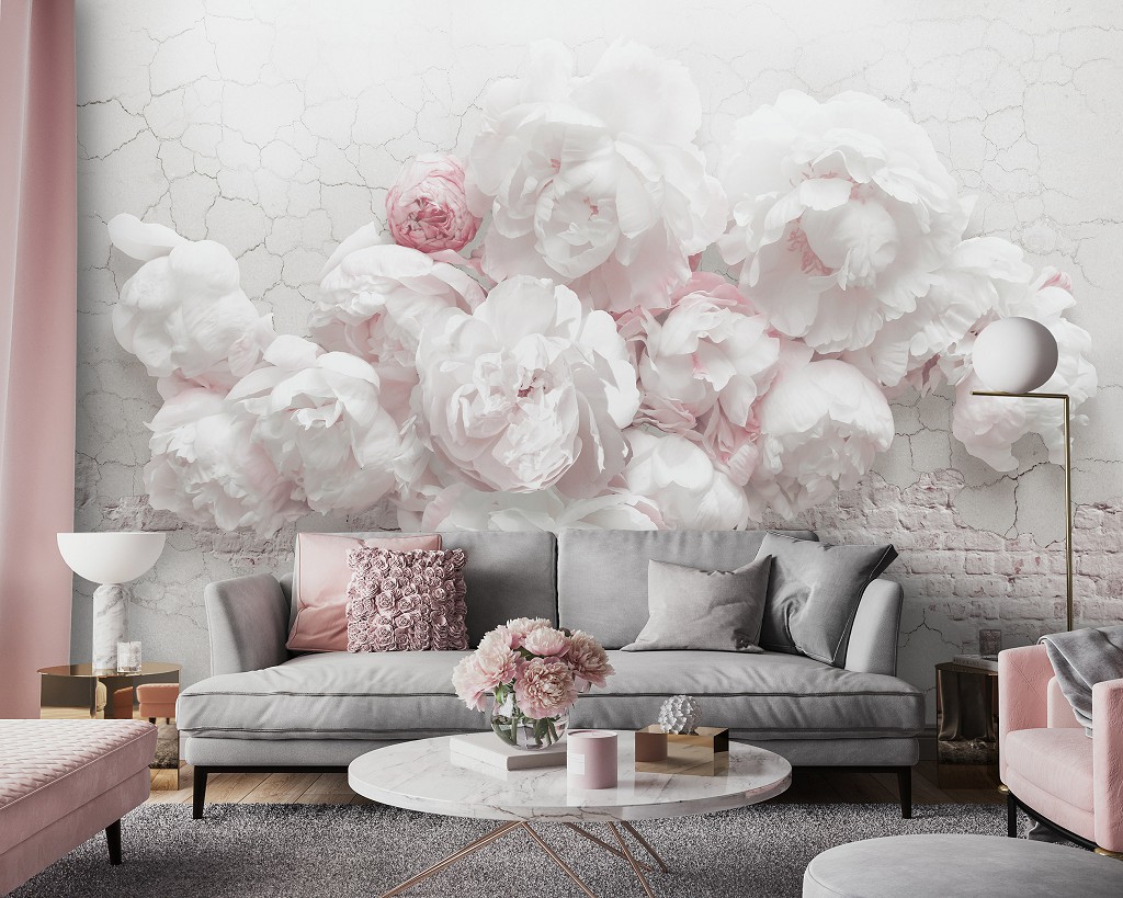 Флізелінові фотошпалери в інтер'єрі 520x318 см Квіти 3D Білі півонії на цегляну стіну (14171VEXXXXXL)+клей