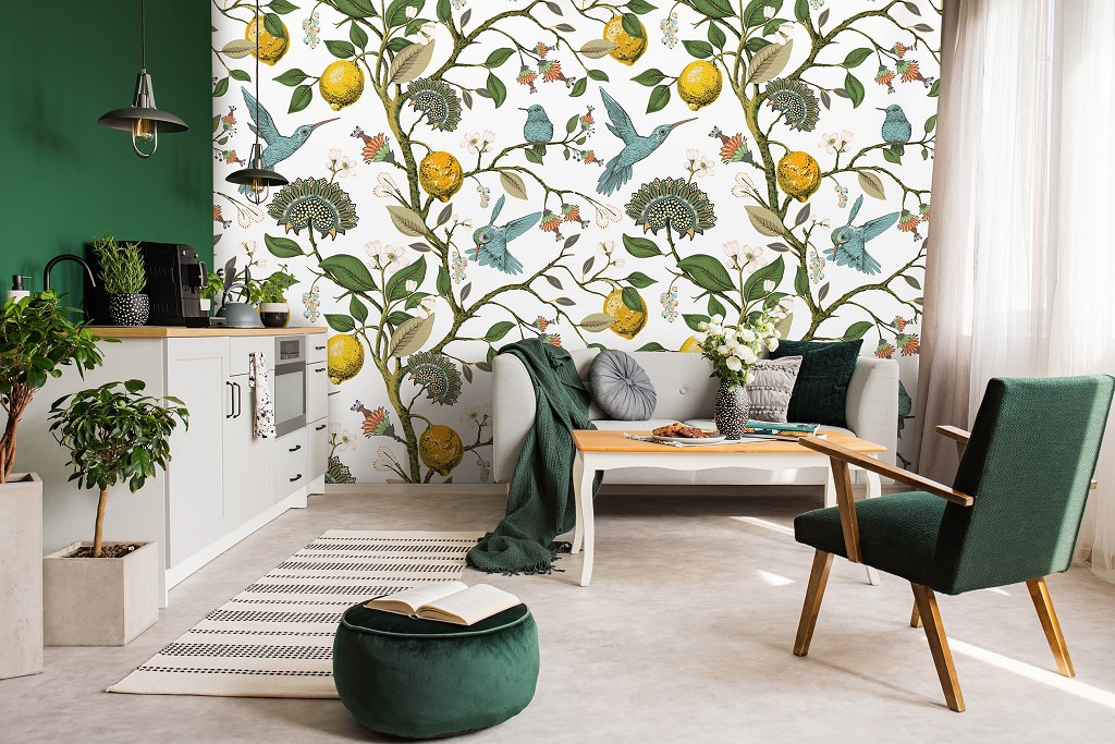 Флизелиновые фотообои ветки 416x290 см Природа Растения Лимоны Птицы Листья (14190VEXXXXL)+клей