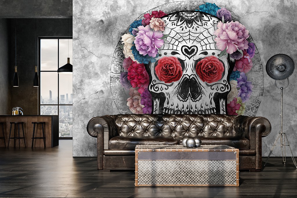 Флизелиновые фотообои пионы 312x219 см Искусство Белый череп и цветы на бетоне (14195VEXXL)+клей