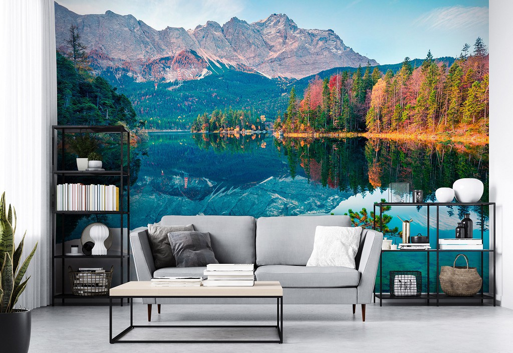 Флизелиновые 3D фотообои в интерьере Отражение гор и неба в озере (14197V)+клей