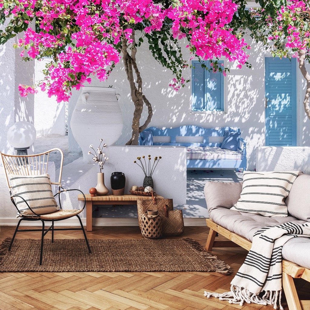 Светлые флизелиновые фотообои 416x290 см 3D Греция - белый дом с цветами (14200VEXXXXL)+клей