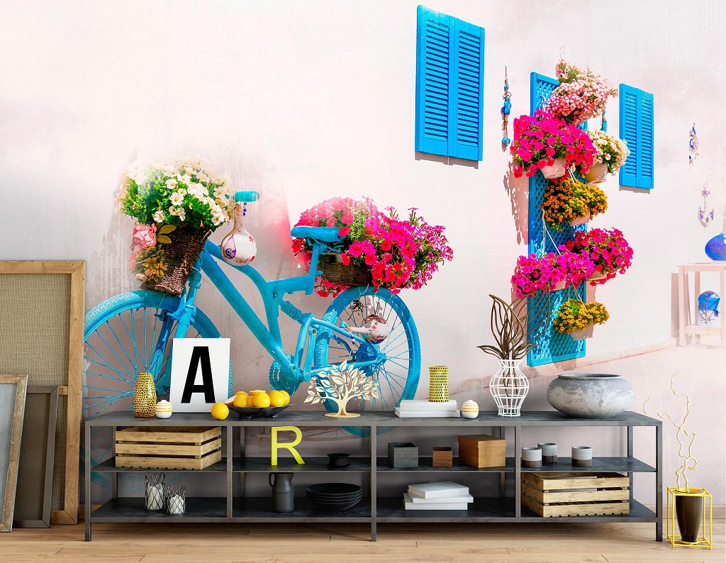 Флизелиновые фотообои дворик 312x219 см 3D Синий велосипед с цветами на белой греческой улице (14202VEXXL)+клей