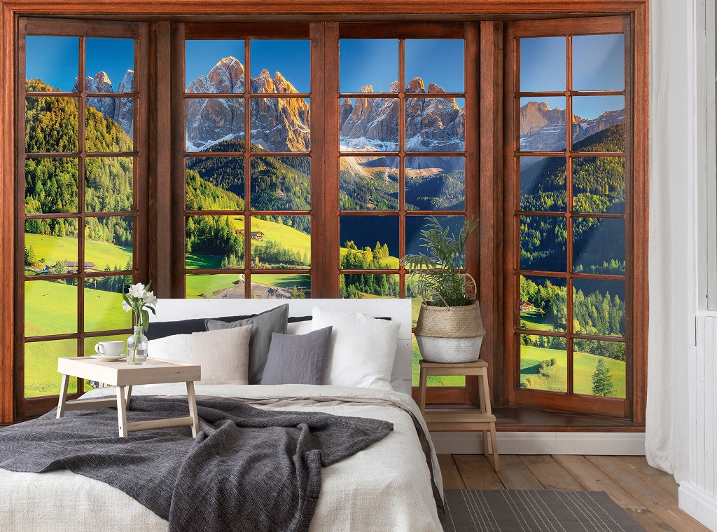 Красивые флизелиновые фотообои на кухню 368x280 см Альпийский пейзаж с эффектом окна 3D (14203V10)+клей