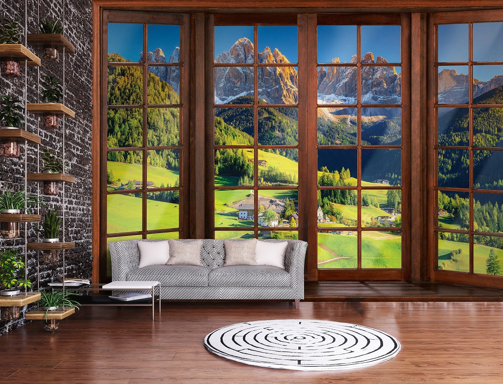 Красивые флизелиновые фотообои на кухню 254x184 см Альпийский пейзаж с эффектом окна 3D (14203V4)+клей