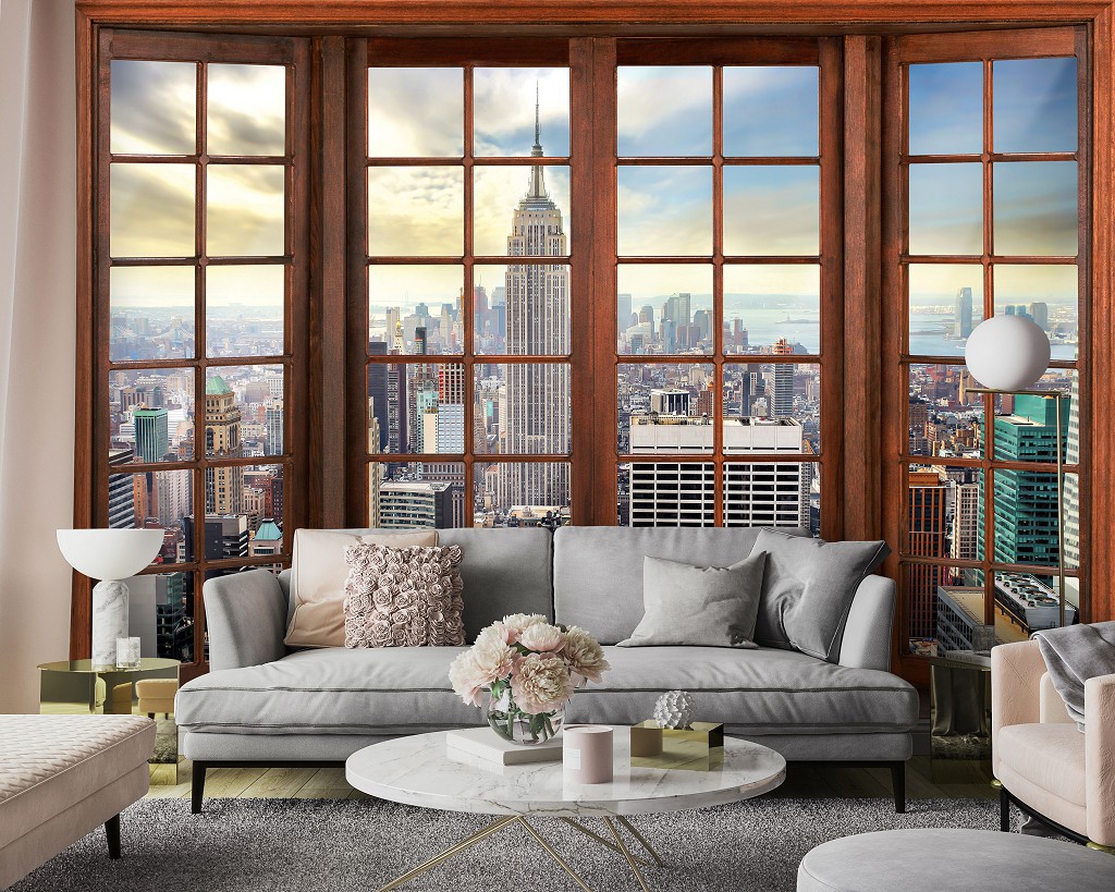 Флизелиновые фотообои фото 254x184 см 3D вид из окна на Нью-Йорк (14204V4)+клей