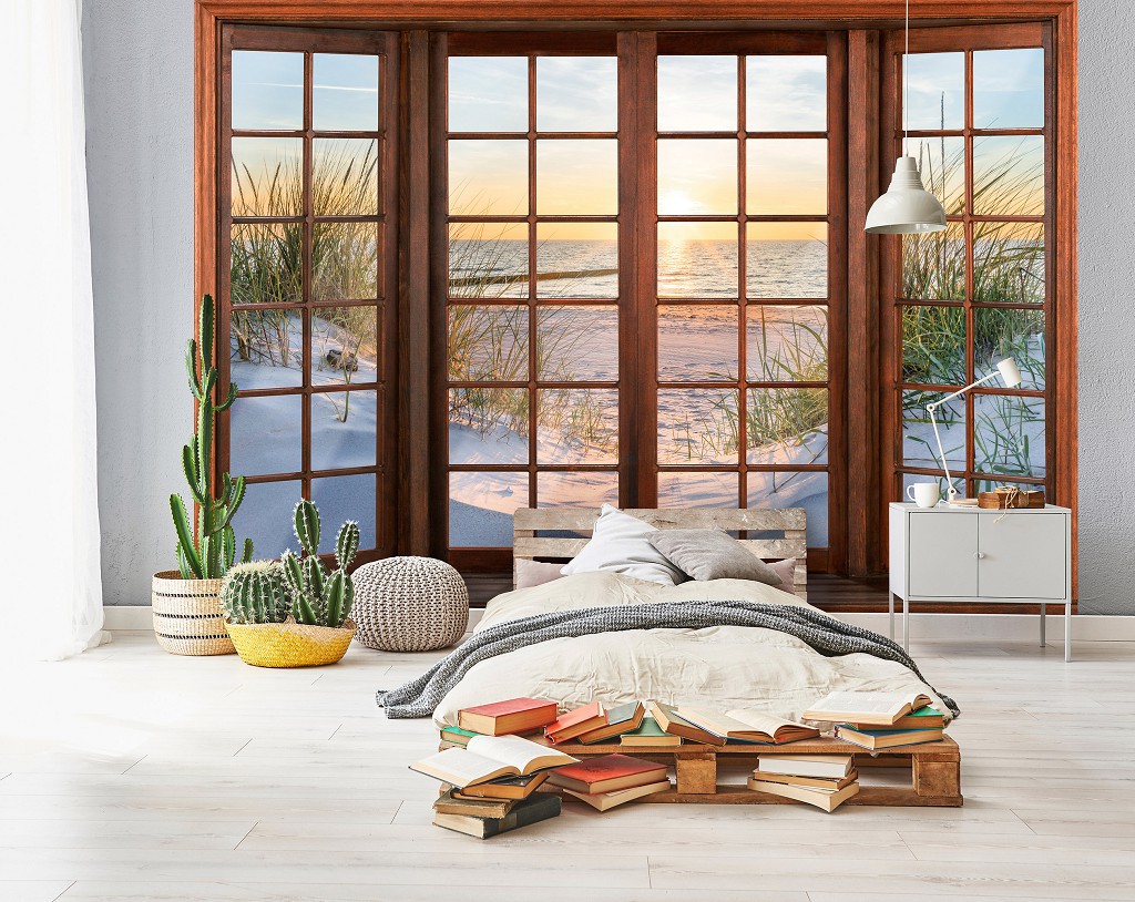 Флизелиновые фотообои природа 254x184 см 3D Закат на морском пляже за большим окном (14205V4)+клей