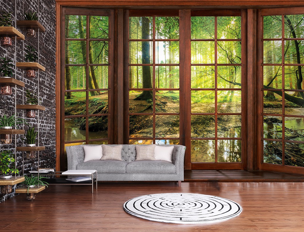 Дерево на флізелінових фото шпалерах 312x219 см 3D вид з вікна на лісовий краєвид (14208VEXXL)+клей