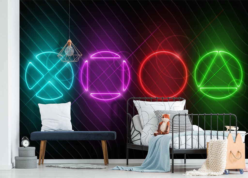 Флизелиновые фотообои с текстом на стену 312x219 см Подростки Геймеры Игры Неоновый Playstation (14209VEXXL)+клей