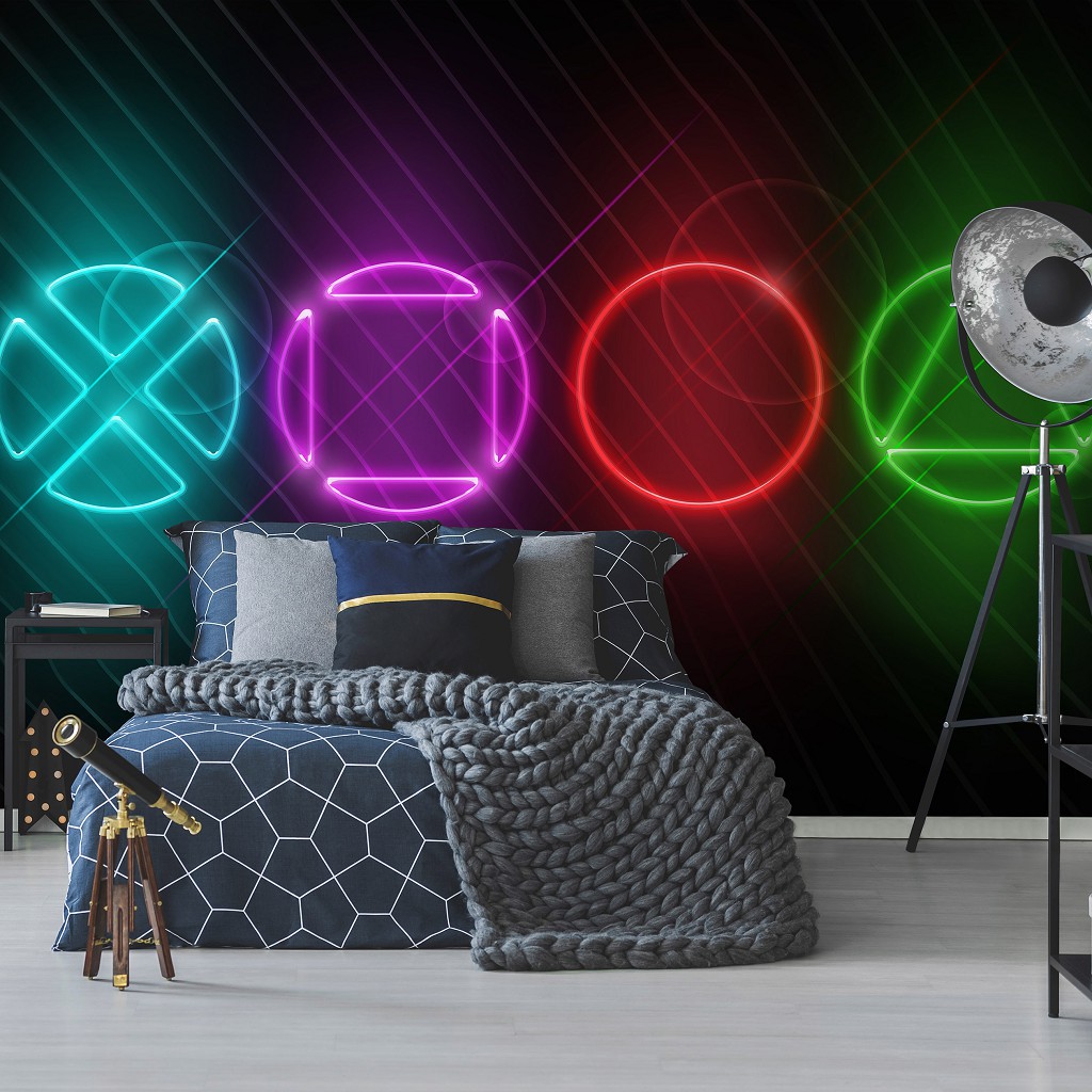 Флізелінові фотошпалери для хлопчика 416x254 см Підлітки Геймери Ігри Неоновий Playstation (14209VEXXXL)+клей