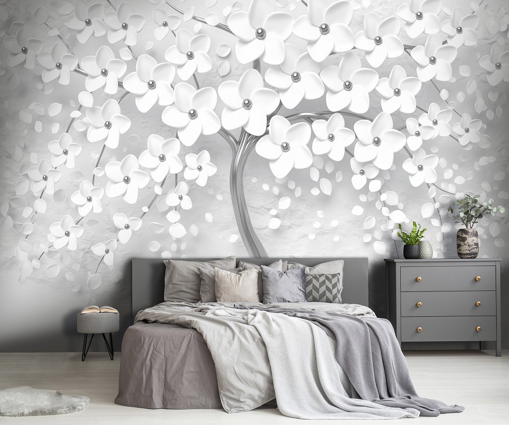 Флізелінові фотошпалери 416x254 см 3D Срібне дерево з білими квітами (14215VEXXXL)+клей