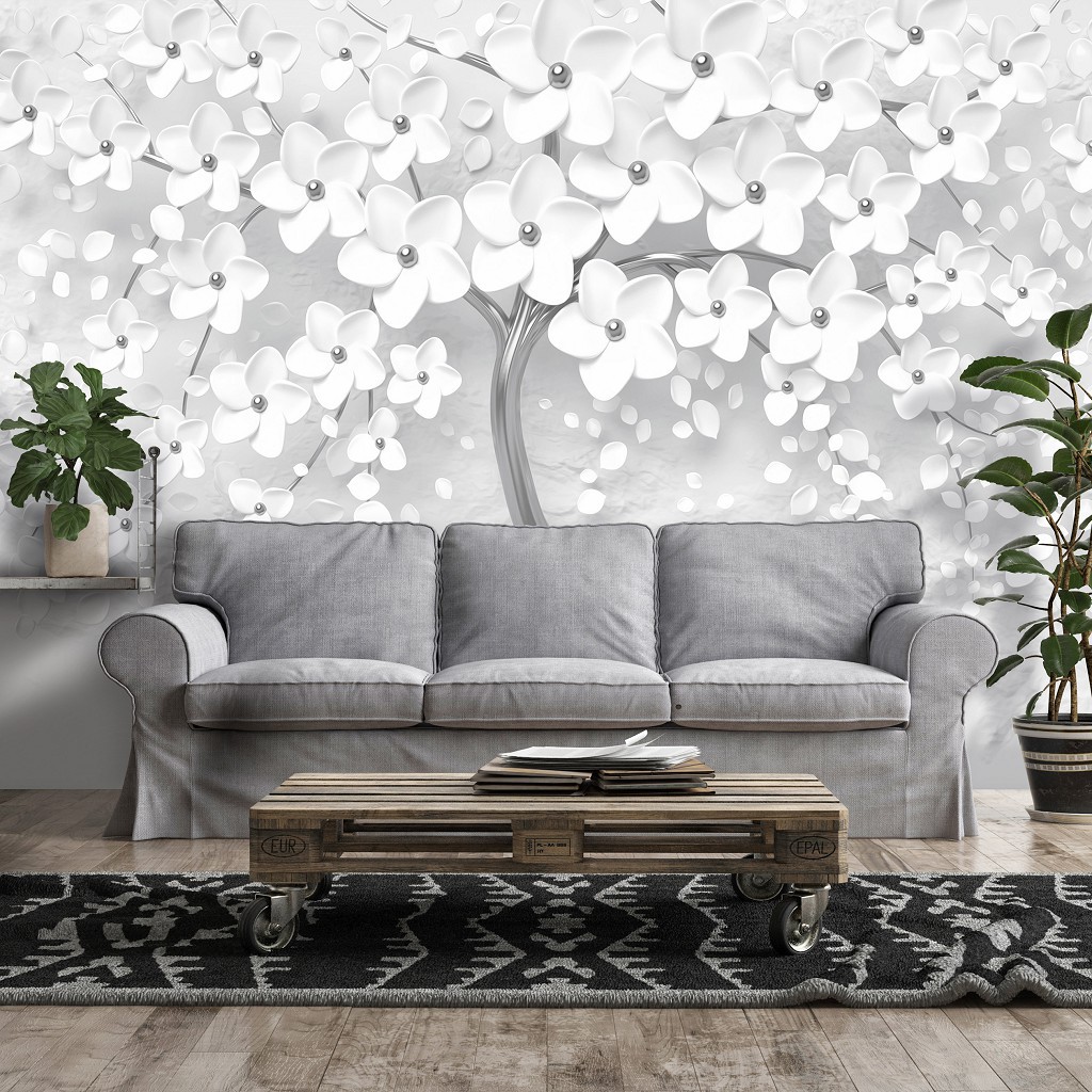 Флизелиновые фотообои 368x254 см 3D Серебряное дерево с белыми цветами (14215V8)+клей