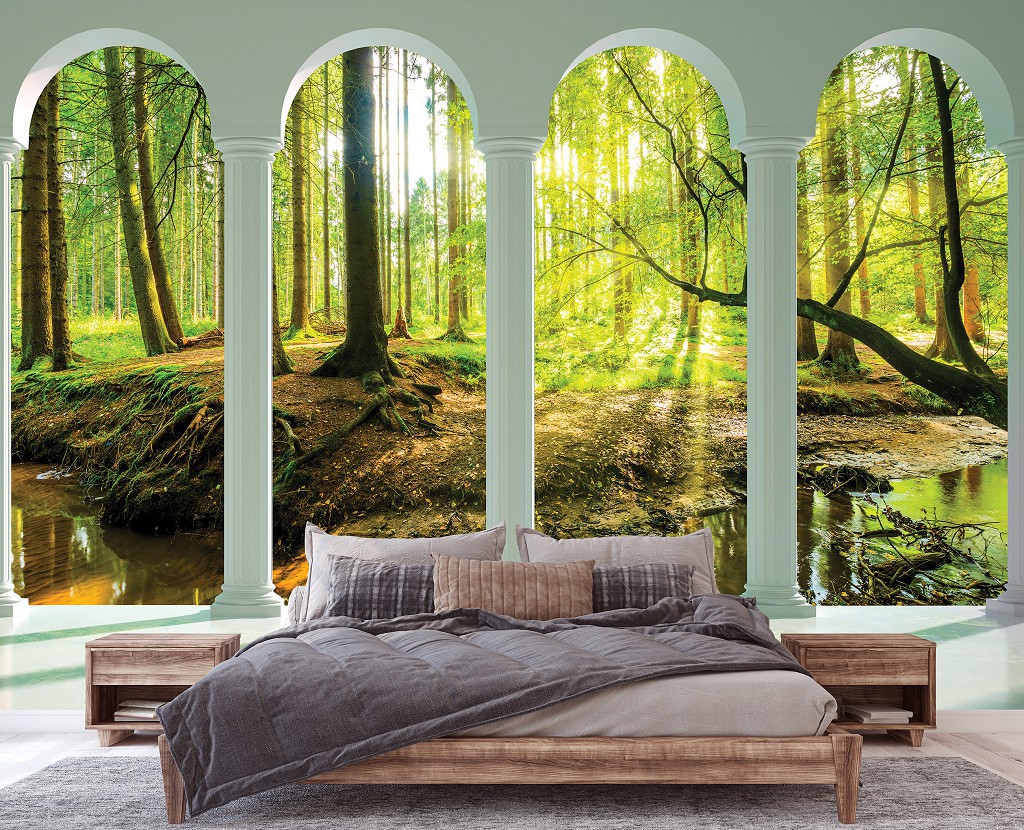 Флізелінові фотошпалери 3д дерево 312x219 см Арка Тераса Колони Зелений Ліс (14221VEXXL)+клей