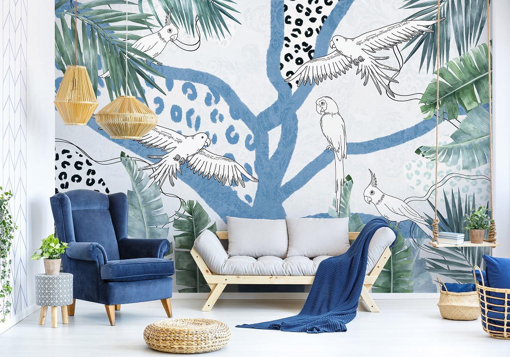 Флизелиновые фотообои фото 520x318 см Леопардовый принт Абстрактное Искусство Листья Попугаи (14225VEXXXXXL)+клей