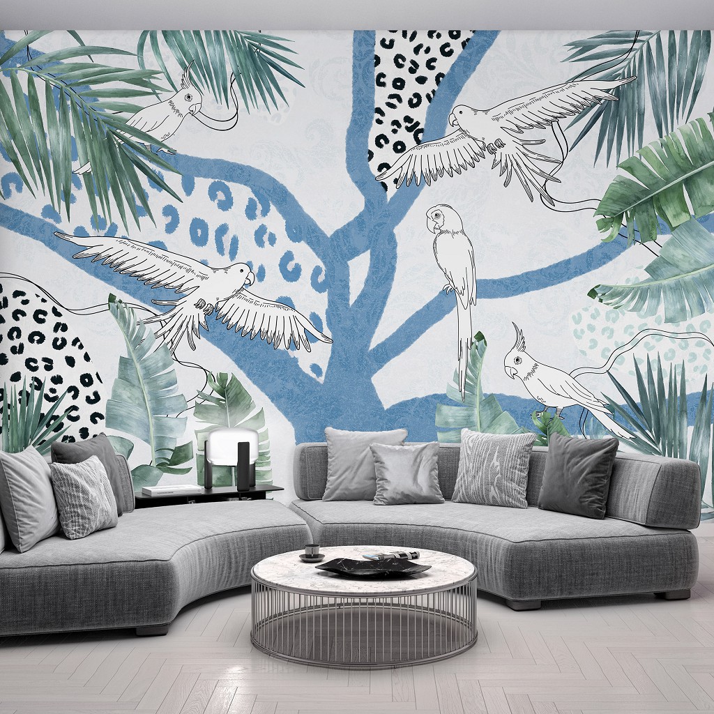 Флизелиновые фотообои 416x290 см Леопардовый принт Абстрактное Искусство Листья Попугаи (14225VEXXXXL)+клей