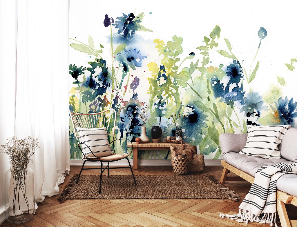 Популярні флізелінові фотошпалери 312x219 см Мистецтво Акварель Блакитні Квіти Луг (14229VEXXL)+клей