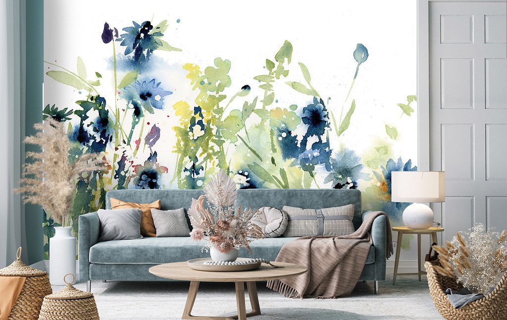 Флизелиновые фотообои красивые 416x254 см Искусство Акварель Голубые Цветы Луг (14229VEXXXL)+клей