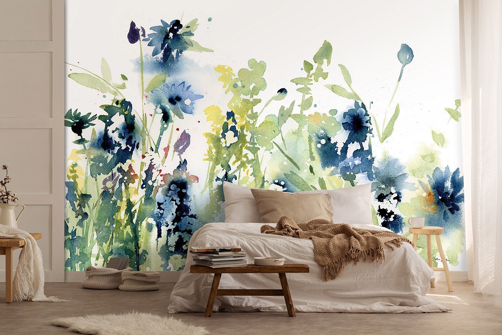 Флизелиновые фотообои с листьями на стену 254x184 см Искусство Акварель Голубые Цветы Луг (14229V4)+клей