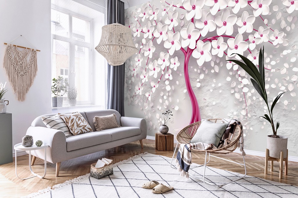 Флізелінові фотошпалери в коридор 460x300 см 3D Рожеве дерево з білими квітами (14233V12)+клей