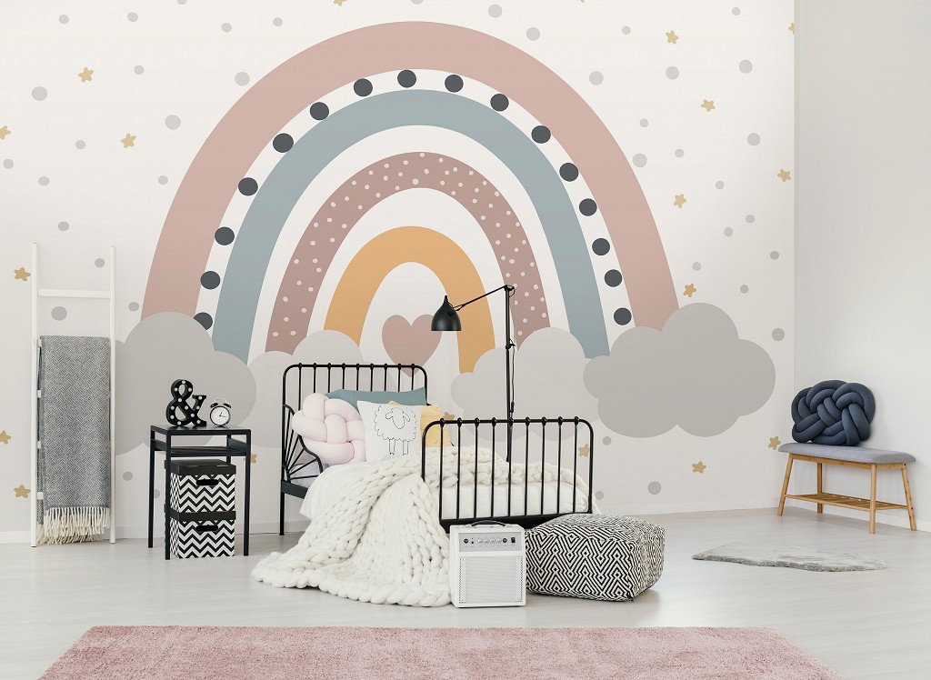 Флізелінові фотошпалери хмари 254x184 см Для дітей дівчаток Скандинавський стиль Веселка Бохо (14256V4)+клей